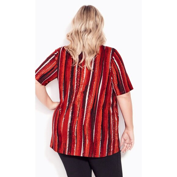 Avenue Womens Pintuck Detail Red & Black Striped Short Sleeve Top Plus Size 26 - Picture 6 of 9